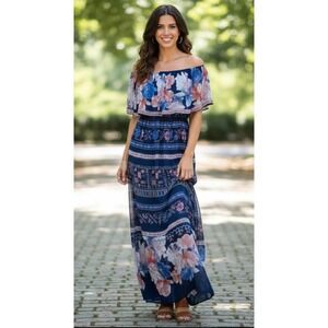 Aztec Floral Chiffon Off The Shoulder Maxi Dress Womens L Resort Vacation Travel